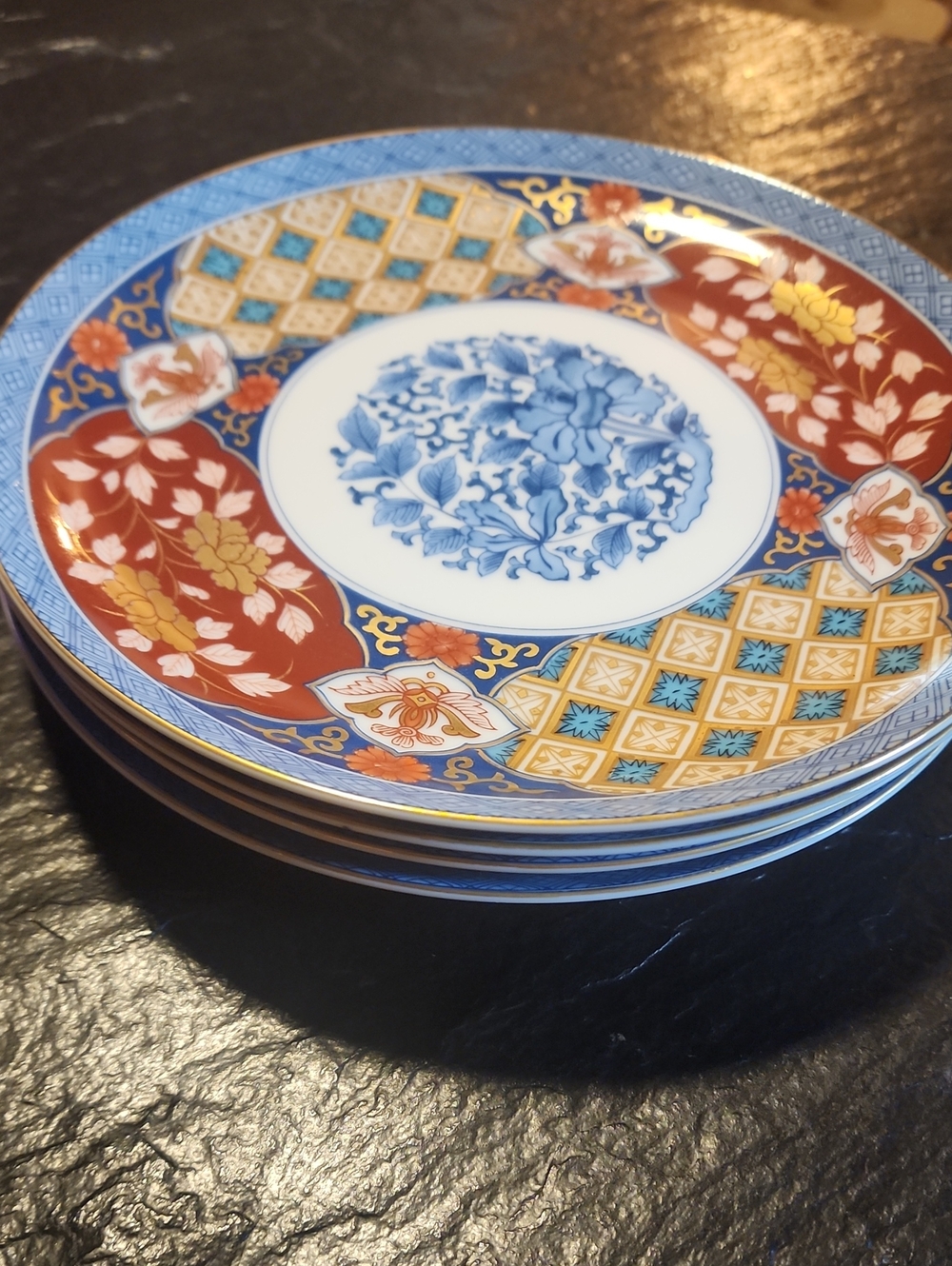 Blue, Red and Gold Porcelain Dinner Plate with Floral Medallion- Set Of 4